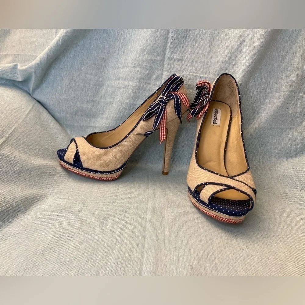 Not Rated Linen Red White and Blue Peep Toe Heels- Size 7.5